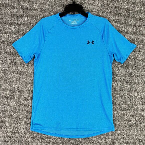 Under Armour Shirt Mens‎ Small Blue Tech Moisture Wicking Short Sleeve Polyester - Picture 1 of 9